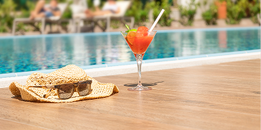 Sun Shelf with hat, glasses, and a drink
