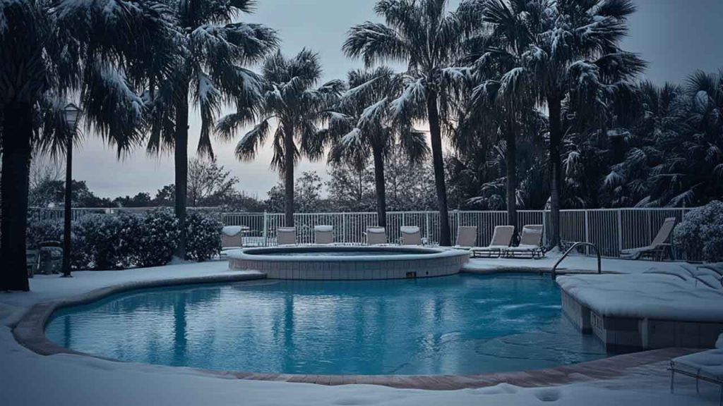 Pool frozen over with Palm trees and ice in the background