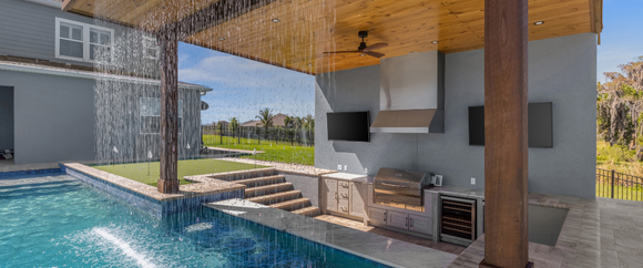 Rain curtain separating pool from the bar