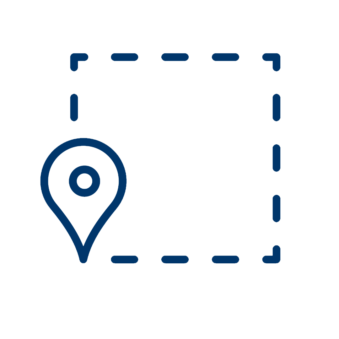Dotted lines making a square with a location pin