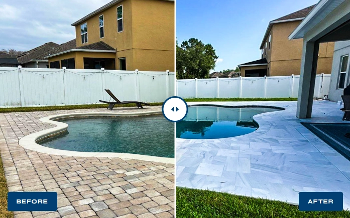 Side by side images of a pool before and after pool renovation project
