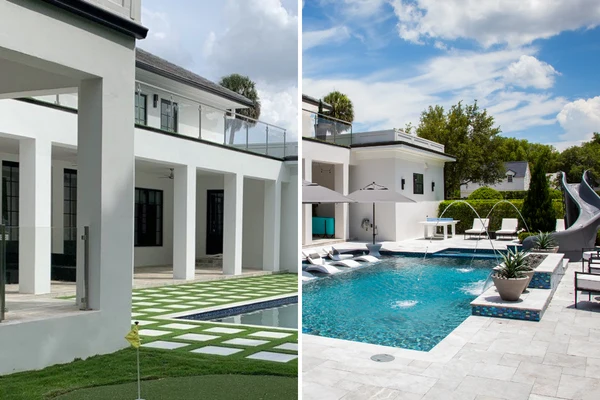 Before and after of a pool with artificial grass to a pool with concrete decking, water fountain feature, and a slide